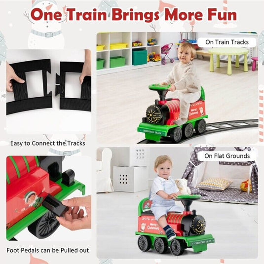 Interactive 6V Kids Ride-On Train with 16-Piece Track Set, Lights, Sounds, and Storage Seat