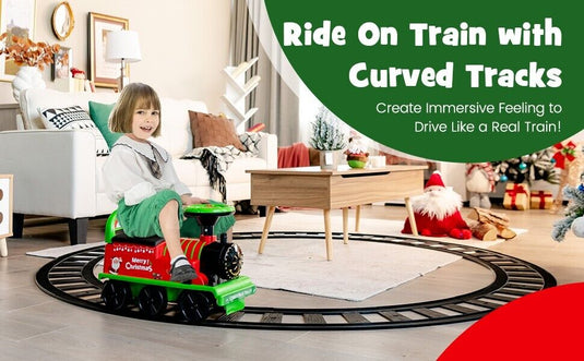 Interactive 6V Kids Ride-On Train with 16-Piece Track Set, Lights, Sounds, and Storage Seat