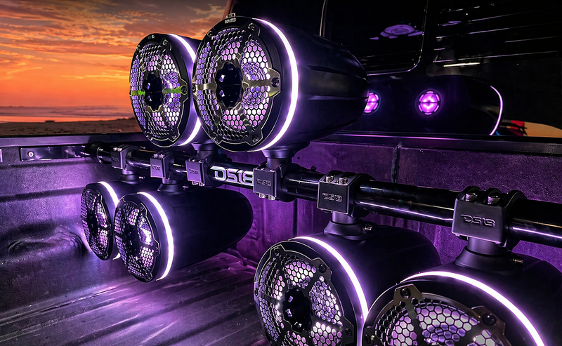 Load image into Gallery viewer, Jeep Gladiator JT Mounting Bar + 4x 8” Marine Tower Speakers with RGB LED Lights
