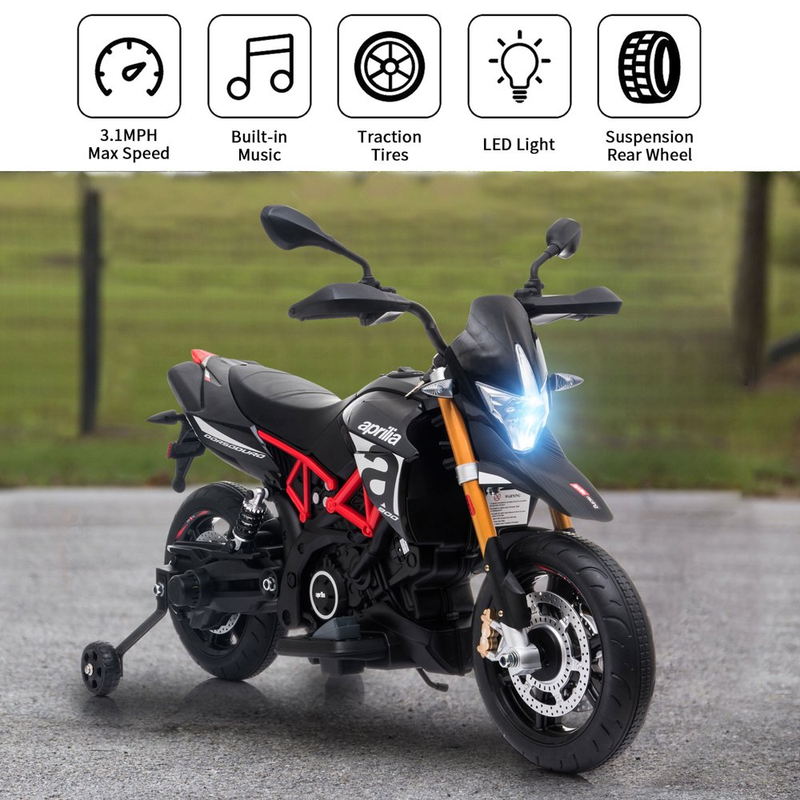 Load image into Gallery viewer, Kid&#39;s Electric Motorcycle with Training Wheels, LED Lights, and MP3 Player - Black (12V)
