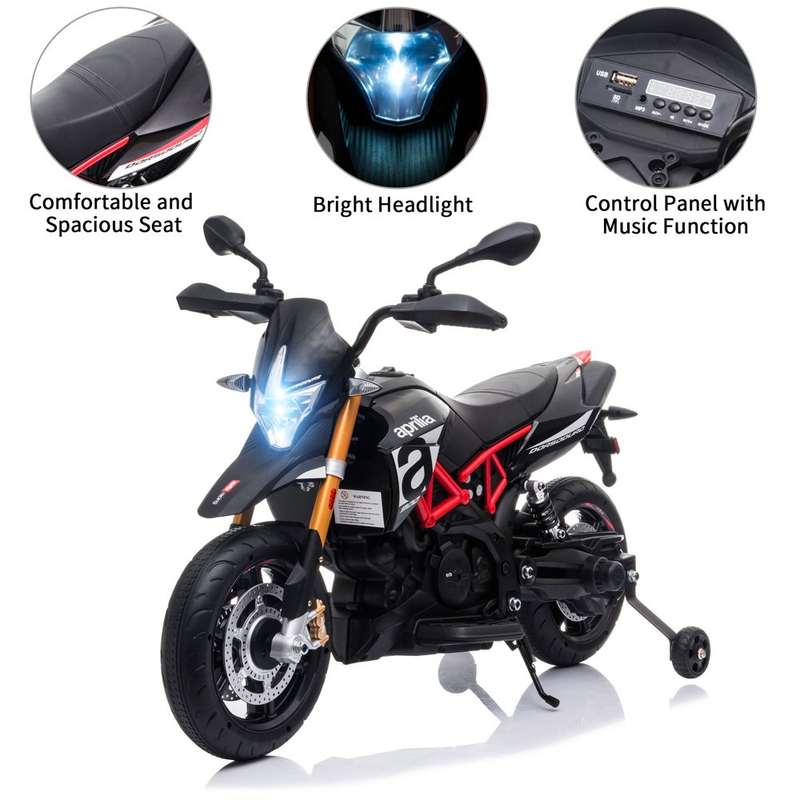 Load image into Gallery viewer, Kid&#39;s Electric Motorcycle with Training Wheels, LED Lights, and MP3 Player - Black (12V)
