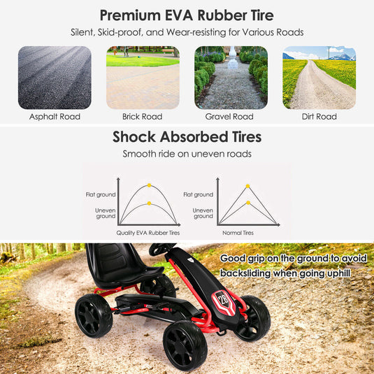 Kids' Pedal Car Go Kart - Adjustable Seat, 4 Wheels, Black