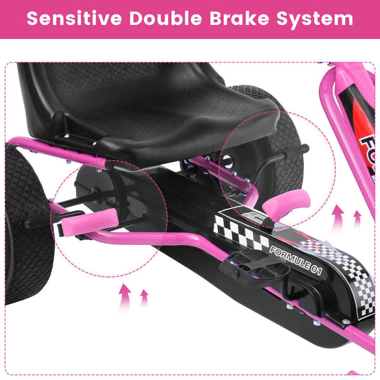 Kids' Pink Pedal-Powered Go Kart with Adjustable Seat - Honeyjoy 4-Wheel Ride-On Toy