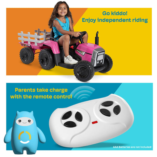 Kidzone 12V Electric Tractor with Trailer and LED Lights, Bluetooth Connectivity for Kids