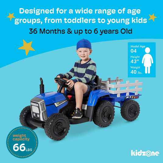 Kidzone 12V Electric Tractor with Trailer and LED Lights, Bluetooth Connectivity for Kids