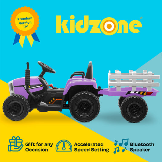 Kidzone 12V Electric Tractor with Trailer and LED Lights, Bluetooth Connectivity for Kids