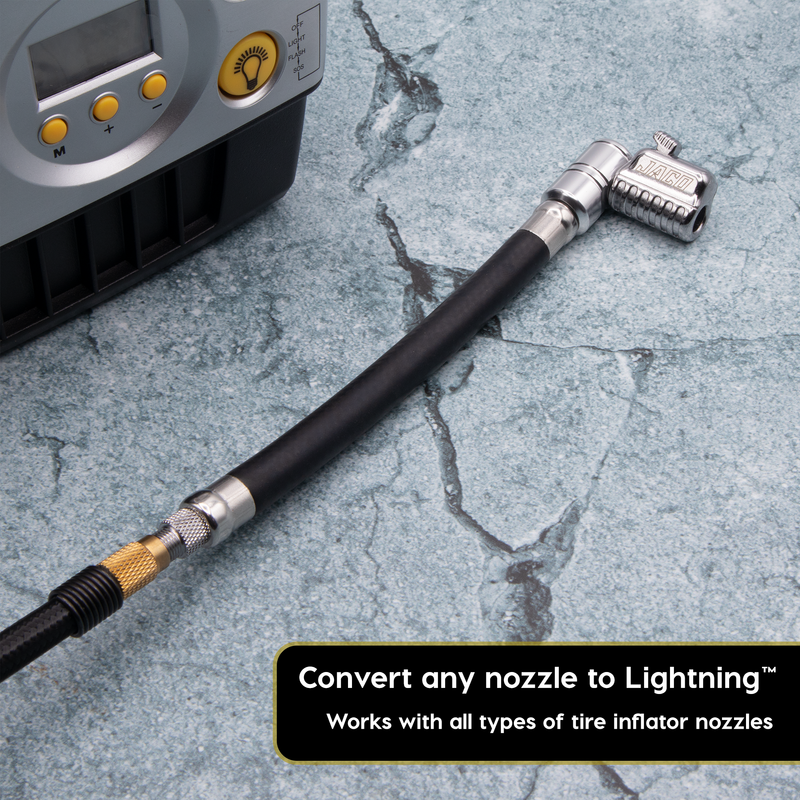 Load image into Gallery viewer, Lightning L2X Tire Inflator Hose Extension Self-Locking Nozzle | Patented Lock-on Air Hose Adapter for Tire Pumps (Open Flow)
