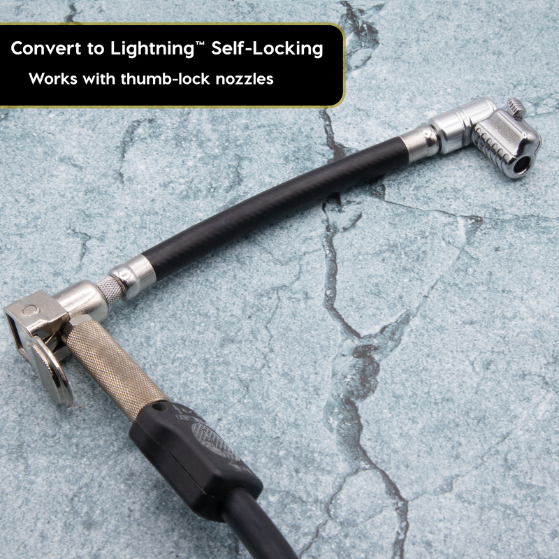 Load image into Gallery viewer, Lightning L2X Tire Inflator Hose Extension Self-Locking Nozzle | Patented Lock-on Air Hose Adapter for Tire Pumps (Open Flow)
