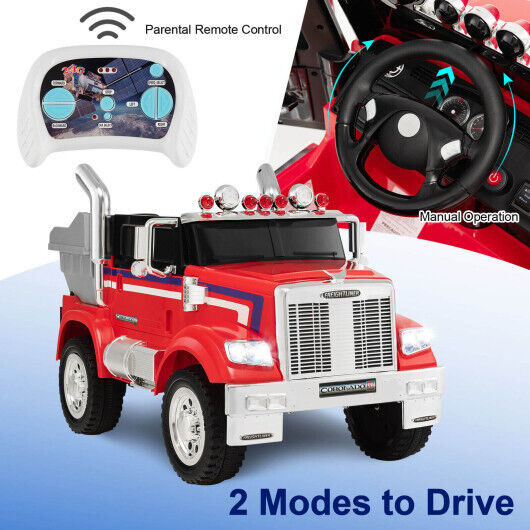 Load image into Gallery viewer, Licensed 12V Freightliner Kids Ride On Truck with Dump Box and Lights - Red
