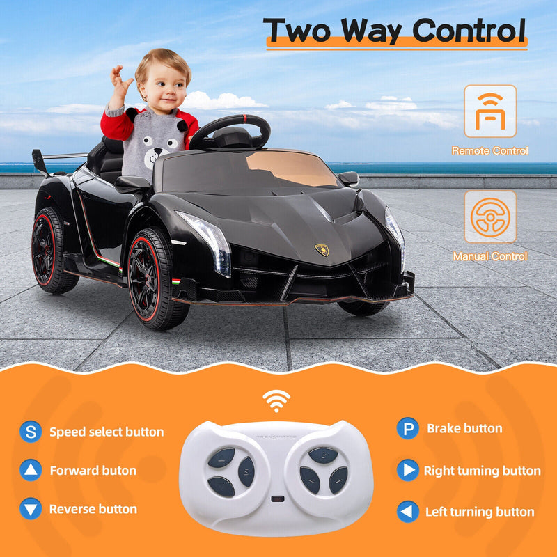 Load image into Gallery viewer, 12V Electric Kids Ride-On Car in Black with Licensed Lamborghini Veneno Design
