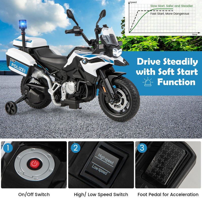 Load image into Gallery viewer, Licensed BMW Police Motorcycle Ride-On for Kids with Music and Lights - 12V White Dirt Bike
