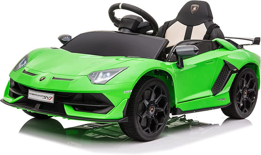 12V Licensed Lamborghini Aventador Ride-On Car with Hydraulic Doors and 3 Speed Options for Kids