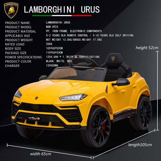 Licensed Lamborghini Urus SUV Ride-On Car for Kids with Remote Control and MP3 Player - 12V