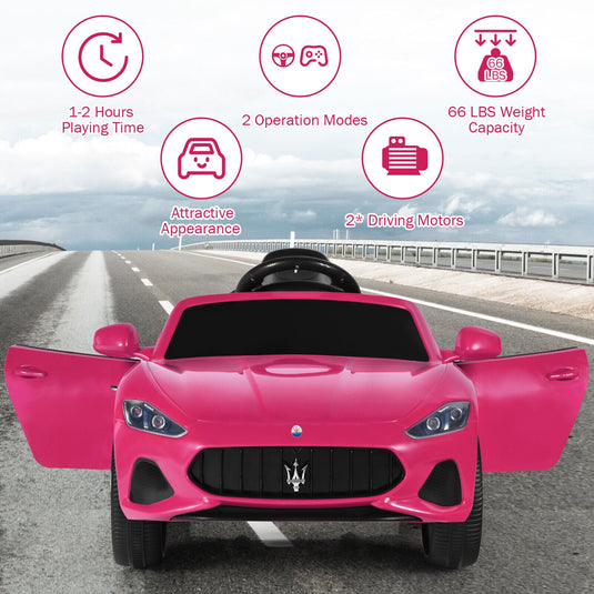 Licensed Pink Maserati GranCabrio Ride-On Car for Kids with Remote Control and Lights - 12V