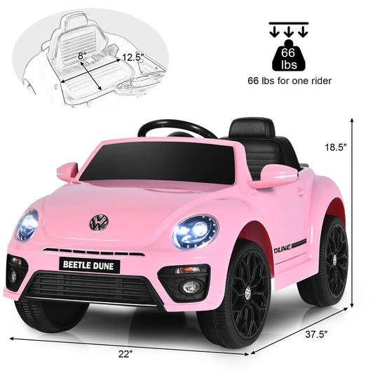 Licensed Pink Volkswagen Beetle Ride-On Car for Kids with Remote Control and Music - 12V