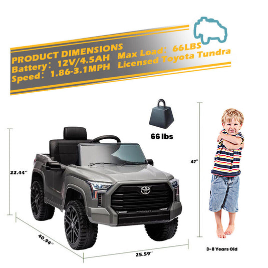 Licensed Toyota Tundra Grey 12V Kids Ride On Pickup Truck with 3 Speeds and Dual Motors