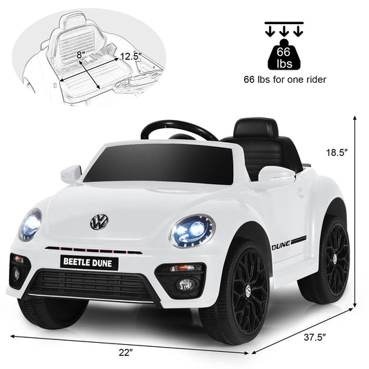 Licensed Volkswagen Beetle 12V Ride On Car for Kids with Remote Control and Music - White