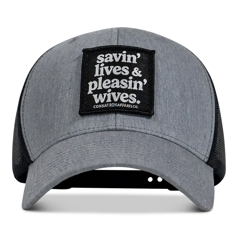 Load image into Gallery viewer, Savin&#39; Lives &amp; Pleasin&#39; Wives Patch SnapBack Hat
