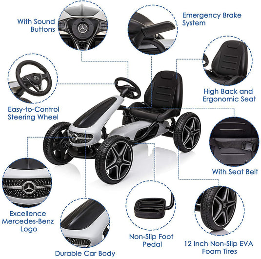 LUCKYERMORE Kids Pedal Go Kart Benz Racer Quad with Adjustable Seat for Outdoor Fun