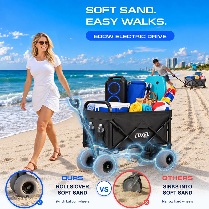 Load image into Gallery viewer, Electric Beach Wagon 500W – Motorized Folding Cart with Balloon Wheels Black
