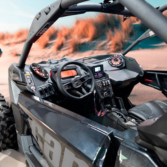 Can-Am Maverick X3 Extreme Dash Panel Speaker Enclosures + Driver and Passenger Side Under Seat Subwoofer Enclosure and Pair of Tower Speakers - 3800W MAX