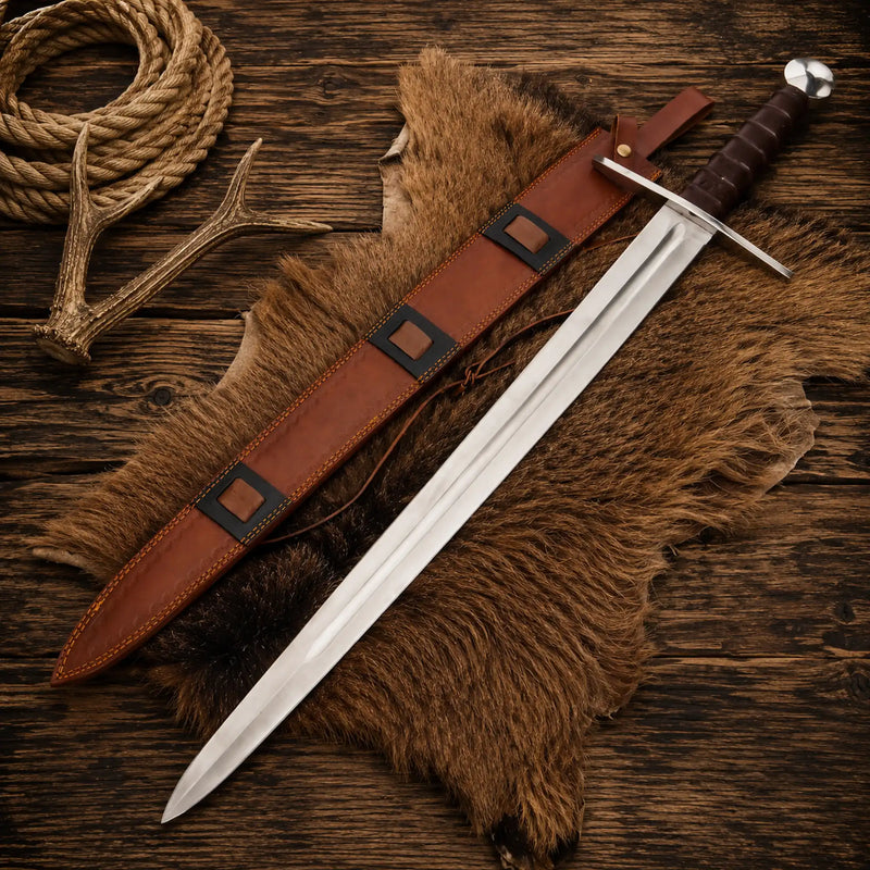 Load image into Gallery viewer, Medieval Crusader Sword – Black Templar Legendary Longsword with Leather Sheath
