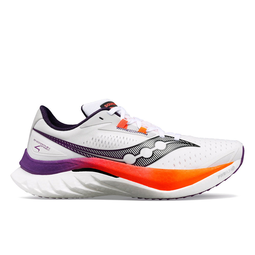 Men's Saucony Endorphin Speed 4, White/Viziorange, 13 D Medium - Skoutley Outdoors LLC