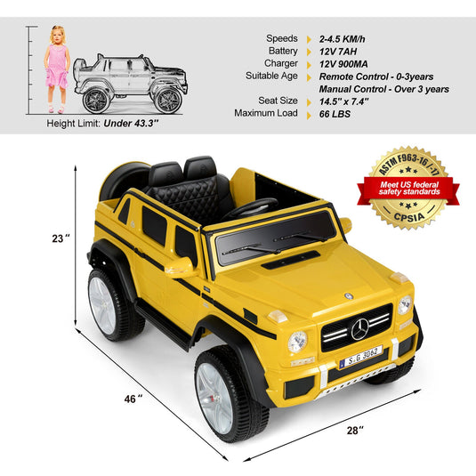 Mercedes-Benz Truck 12V Battery Ride On Car for Kids with 3 Speeds, LED Lights, Music, and Remote Control - Yellow