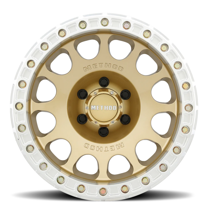 Load image into Gallery viewer, Method MR105 V3 Beadlock 17x9 -38mm Offset 5x5 71.5mm CB Gold Wheel w/ BH-H24125
