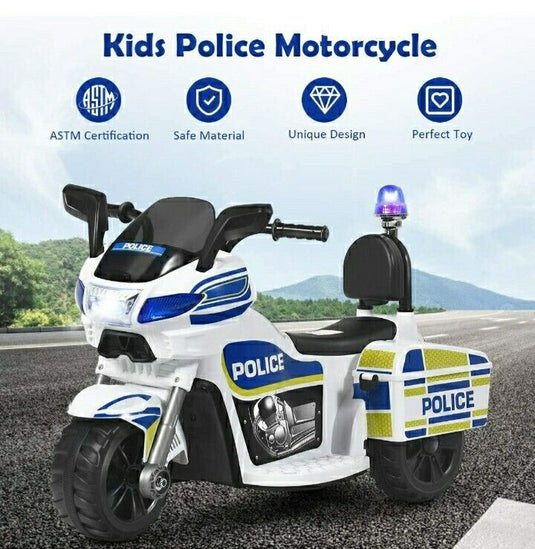 Motocicleta Eléctrica de 3 Ruedas para Niños y Niñas con Diseño de Policía para Montar en Bicicleta