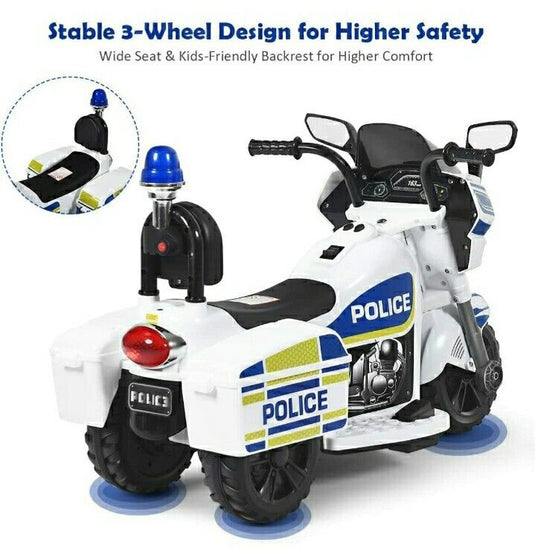 Motocicleta Eléctrica de 3 Ruedas para Niños y Niñas con Diseño de Policía para Montar en Bicicleta