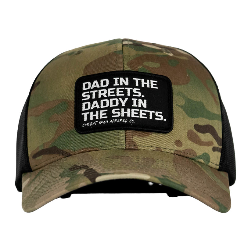 Load image into Gallery viewer, Dad In The Streets. Daddy In The Sheets. Black Patch Snapback Hat
