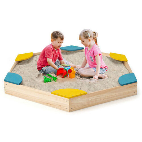 Multicolor Solid Wood Sandbox with 6 Fan-shaped Seats for Outdoor Fun