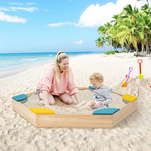 Multicolor Solid Wood Sandbox with 6 Fan-shaped Seats for Outdoor Fun