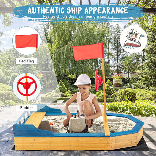 Natural Pirate Boat Sandbox for Kids with Flag and Rudder