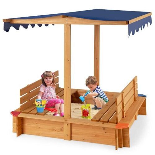 Load image into Gallery viewer, Natural Wooden Sandbox with Canopy and 2 Bench Seats for Kids
