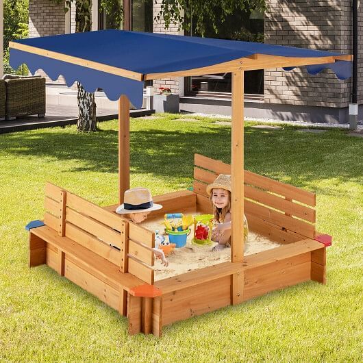 Load image into Gallery viewer, Natural Wooden Sandbox with Canopy and 2 Bench Seats for Kids
