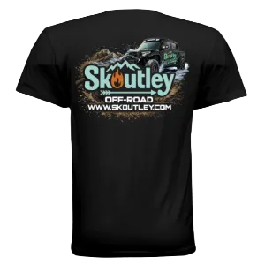 Black t-shirt with 'Skoutley Off-Road' graphic and website text on a white background