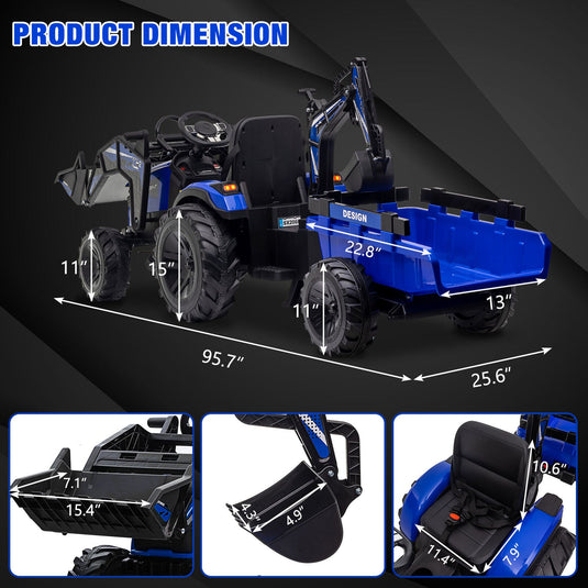 Outdoor Excavator and Bulldozer Ride-On Toy with Trailer and LED Lights for Kids