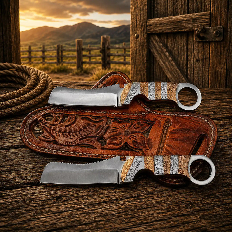 Load image into Gallery viewer, Cowboy Bull Cutter Knife – D2 Steel Blade Copper Engraved Handle
