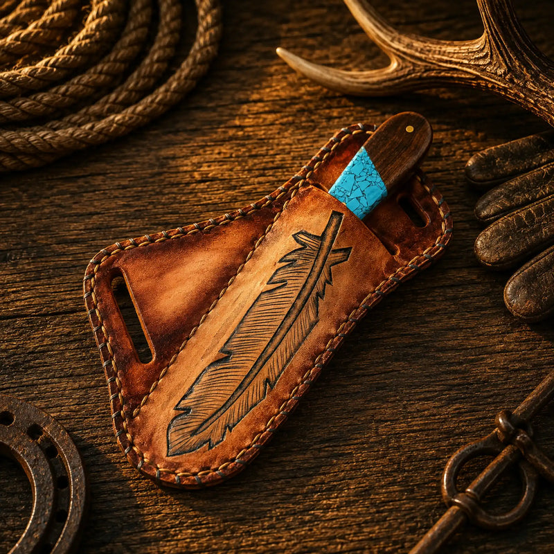 Load image into Gallery viewer, Horse Riding Bull Cutter Knife – 4" Forged Rasp Steel with Turquoise &amp; Rosewood Handle
