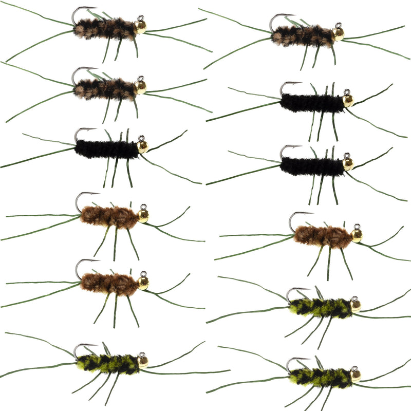 Load image into Gallery viewer, Tungsten Bead Jigged Pat's Rubber Legs Nymph Assortment Euro Fly Fishing Flies - Trout and Bass Wet Fly Pattern - 12 Flies Hook Size 10
