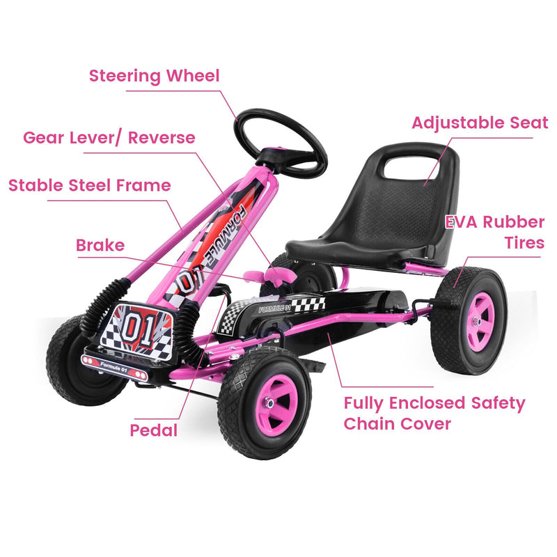 Load image into Gallery viewer, Pedal-Powered Pink Go Kart for Kids with Adjustable Seat - 4 Wheels Ride-On Toy

