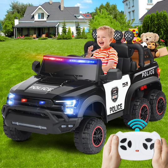 Electric Police Car Ride-On for Kids with 6 Wheels, LED Lights, Intercom, Siren, and Remote Control