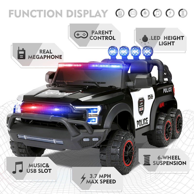 Load image into Gallery viewer, Electric Police Car Ride-On for Kids with 6 Wheels, LED Lights, Intercom, Siren, and Remote Control
