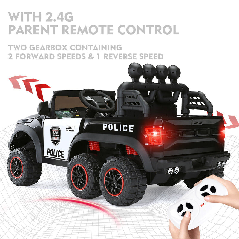 Load image into Gallery viewer, Police Car Truck for Kids with 12V Battery, 6 Wheels, LED Lights, Intercom, Siren, and Remote Control
