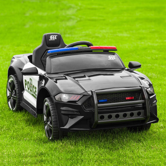 Police Electric Ride On Car for Kids with Remote Control - 12V Battery Powered in Black and White