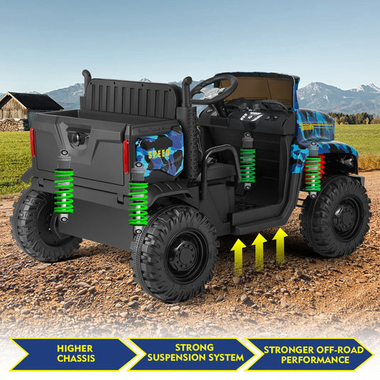 Powerful 24V 2-Seater Kids Ride On Dump Truck Tractor with Camo Design and 3 Speed Options, Includes Remote Control