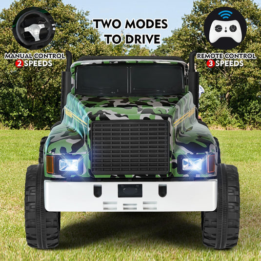 Ride in Style with the 24V Battery-Powered Camo Truck Tractor for Kids, Featuring Bluetooth RC and Trailer