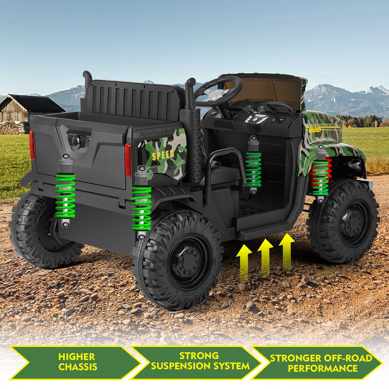 Load image into Gallery viewer, Ride in Style with the 24V Battery-Powered Camo Truck Tractor for Kids, Featuring Bluetooth RC and Trailer
